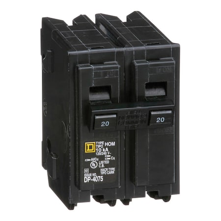 Square D Miniature Circuit Breaker, HOM Series, 20A, 2 Pole, 120/240V AC, 10kA HOM220CP